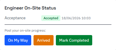 Contractor on-site status panel: job accepted, with on-my-way, arrived and mark-completed buttons.
