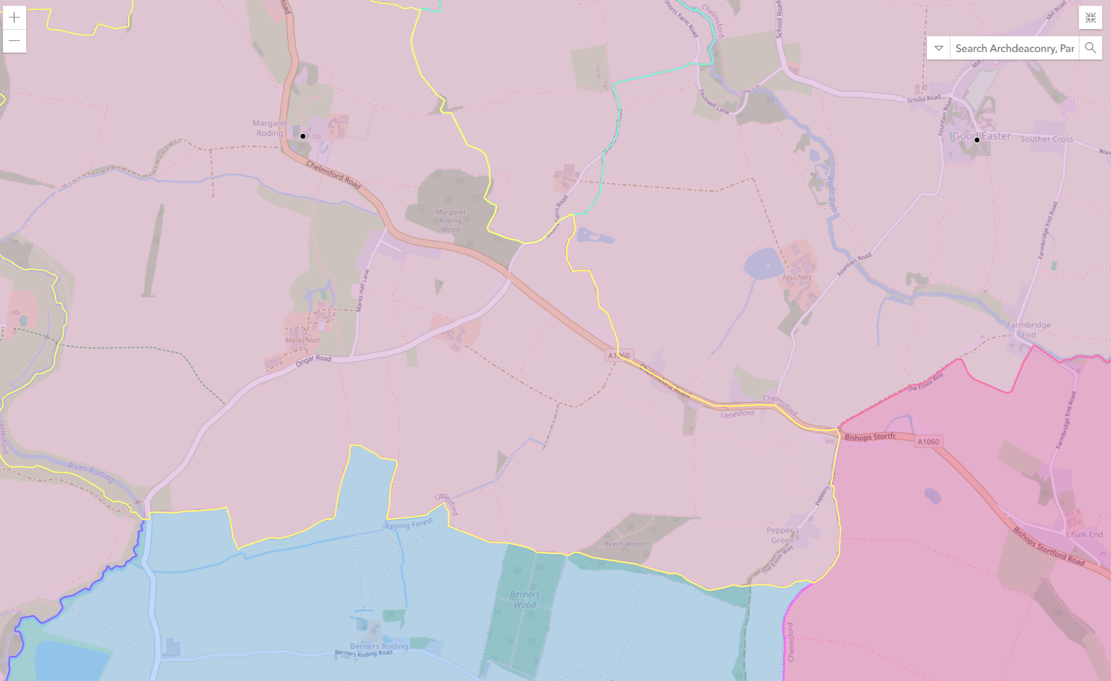 Geographic map of properties across a diocesan portfolio, with deanery boundaries shaded.