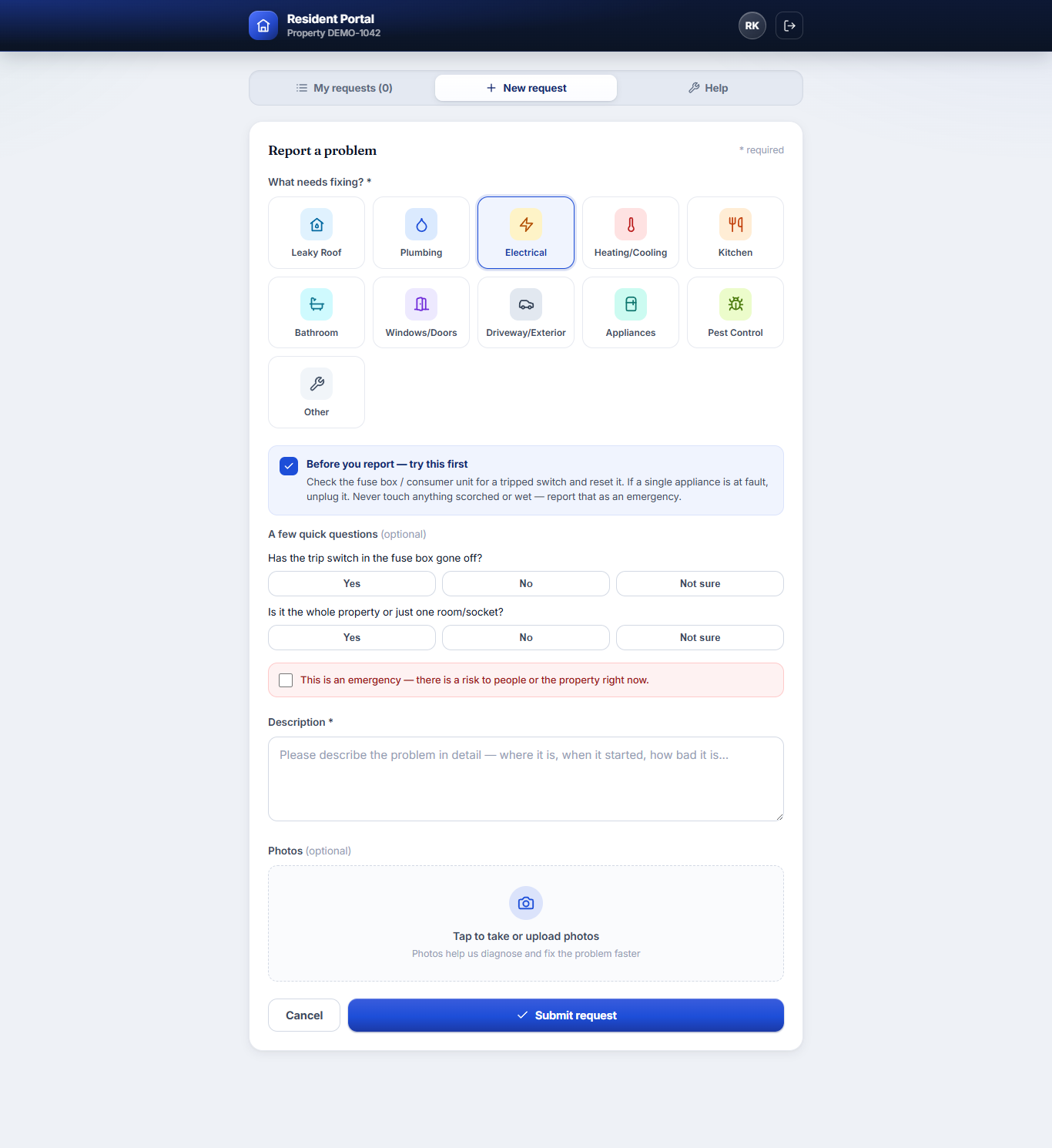Report a problem form with category icons, guided self-help questions and an emergency flag.