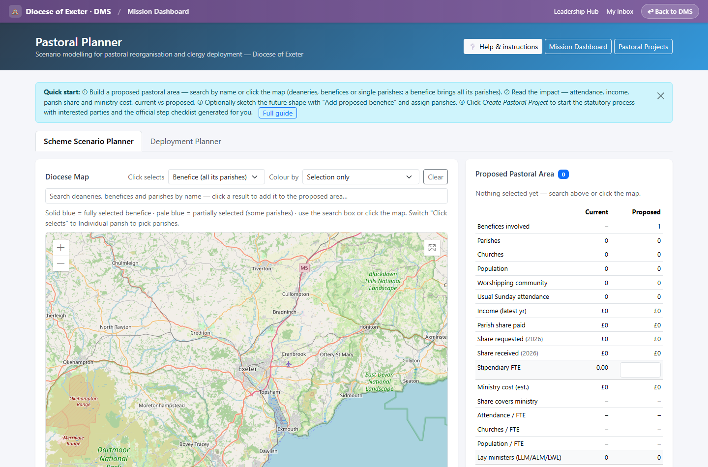 Interactive pastoral planner map with benefices coloured by status