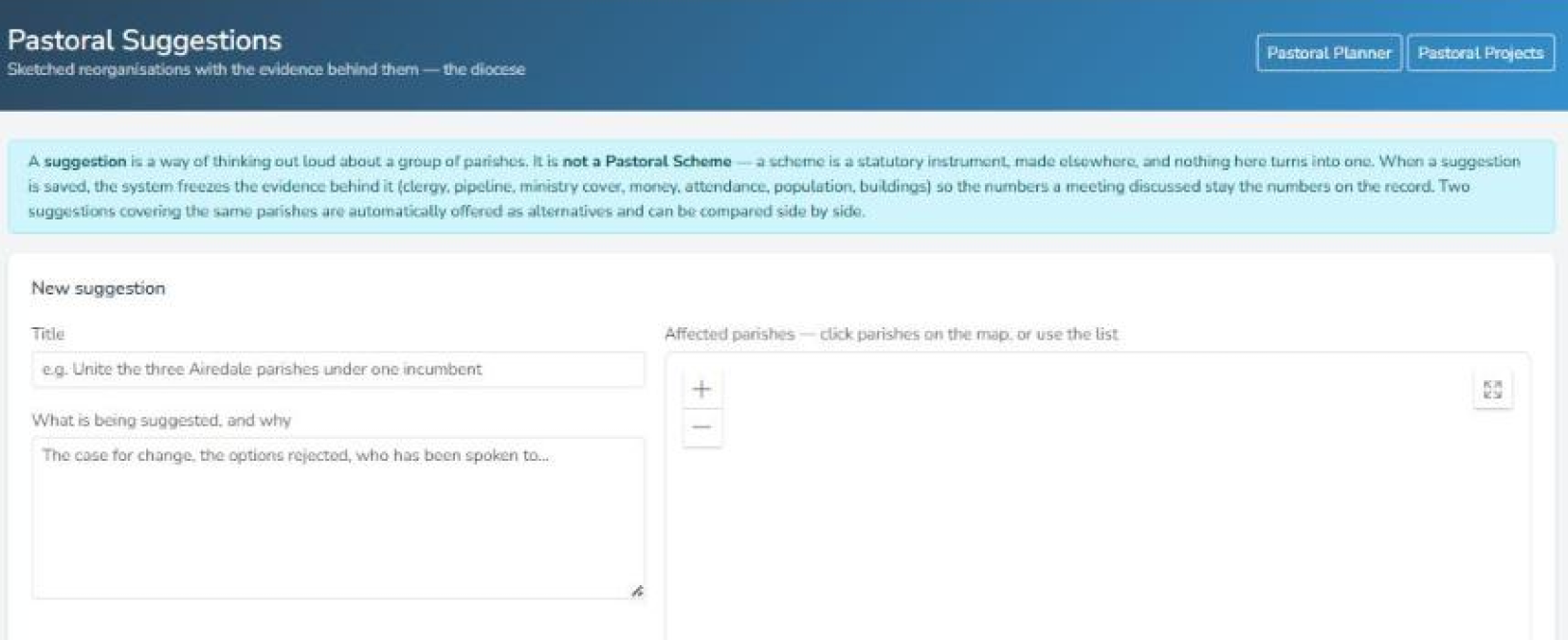 Pastoral suggestions screen explaining that a suggestion is not a scheme