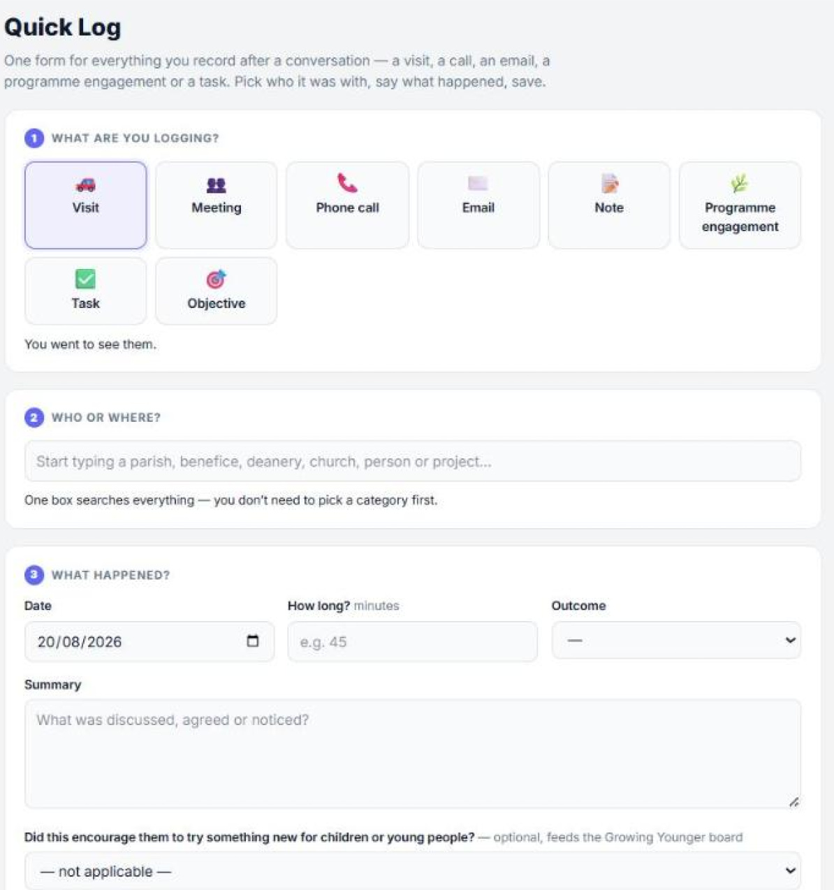 Quick Log form for recording a visit, call, email, meeting or task