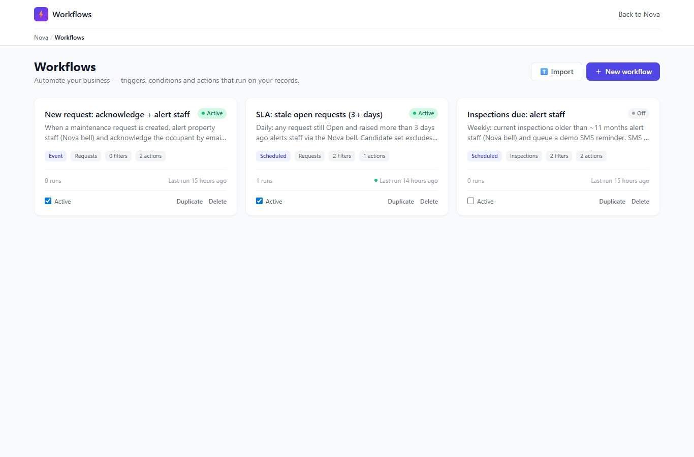 Visual workflow automation builder listing rules for acknowledging requests, chasing stale tickets and planned maintenance.